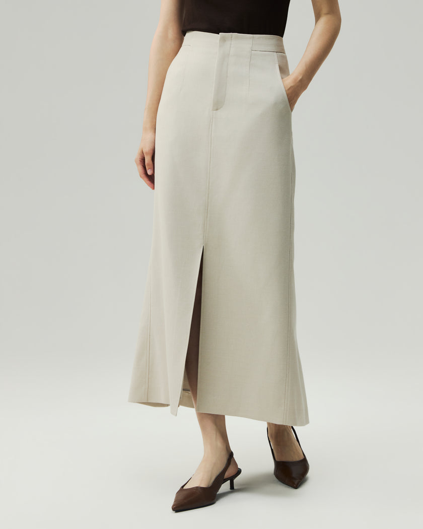 High-Waisted Front-Slit Skirt-LéSem™022 — Oatmeal