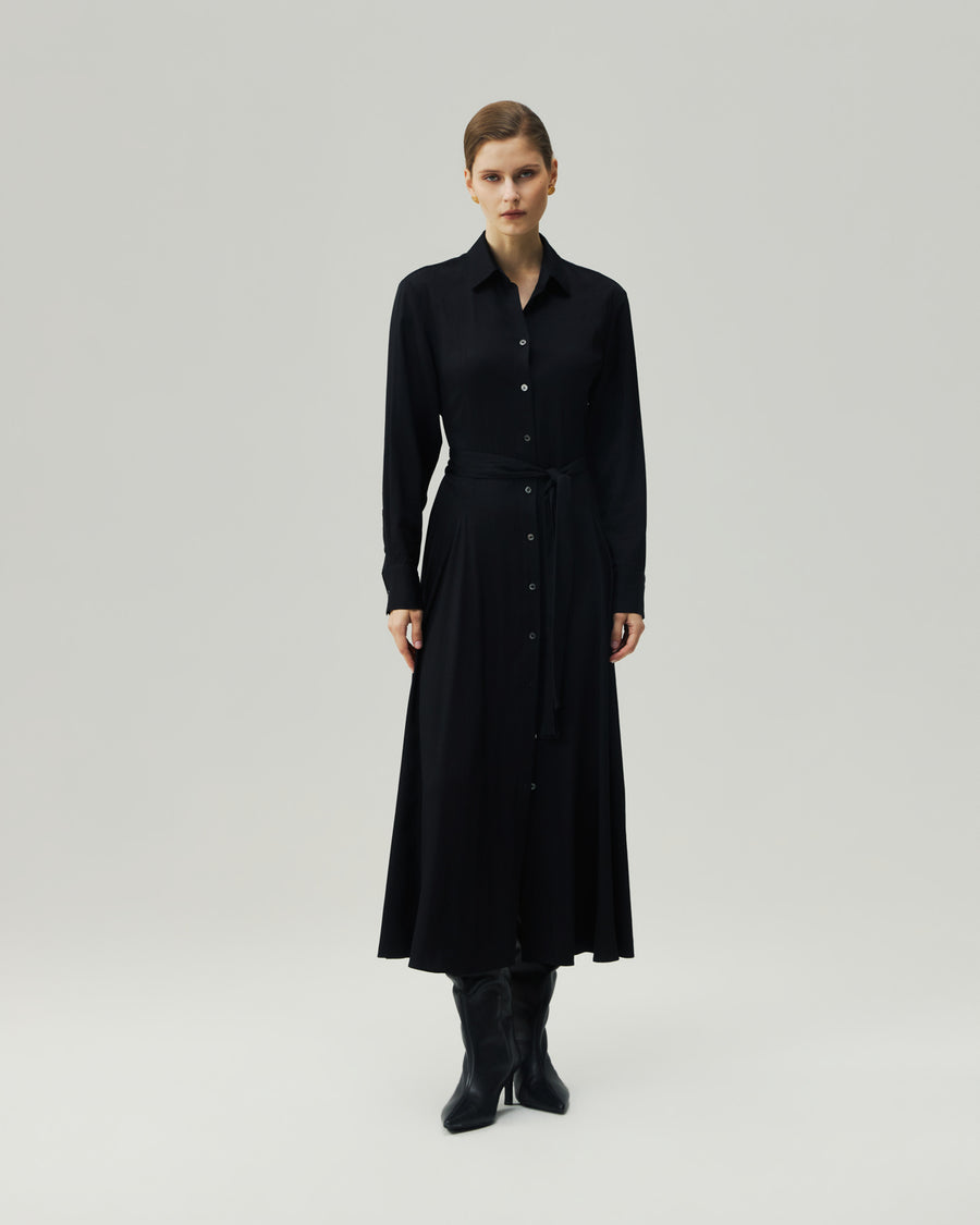 Shirt Dress in Black on model, full-length front styling view