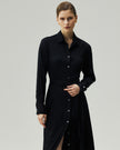 Shirt Dress in Black, front view highlighting the shirt collar and defined waist