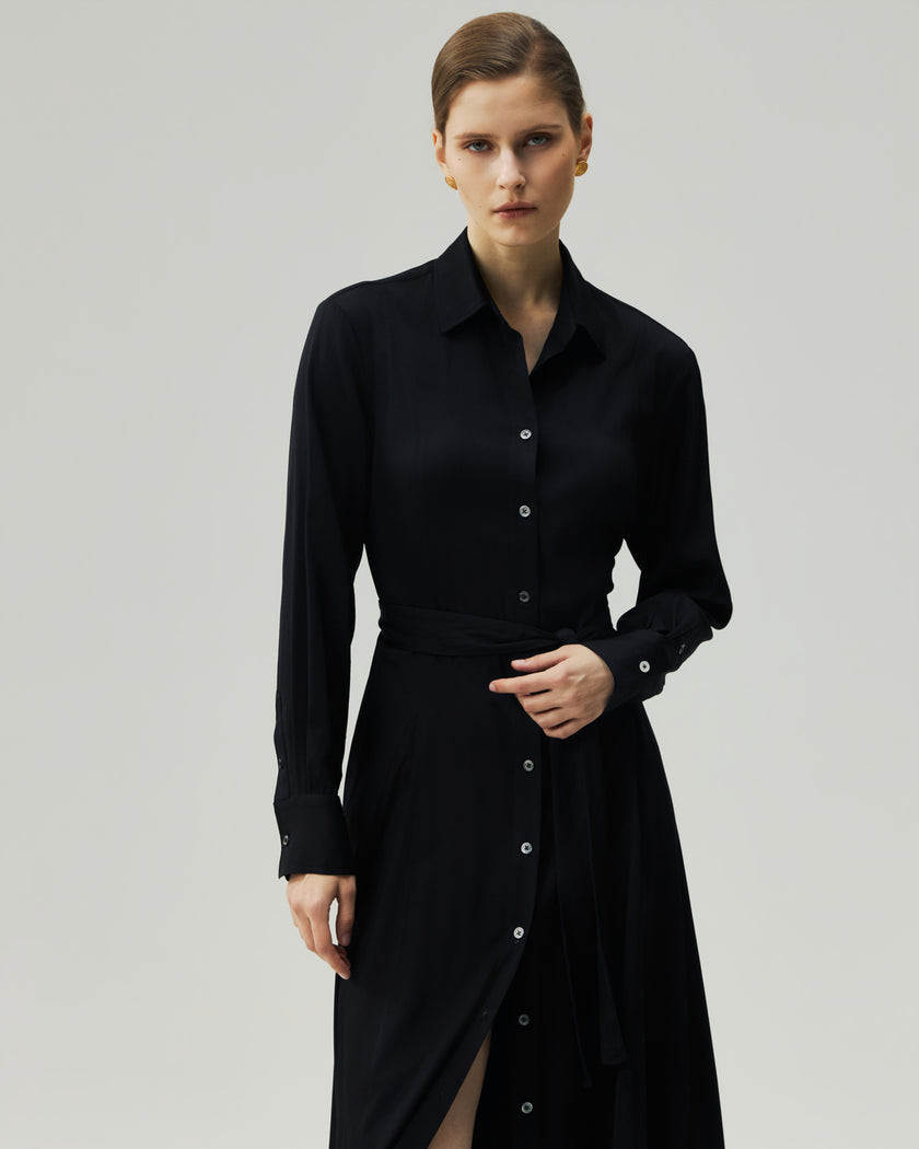 Shirt Dress in Black, front view highlighting the shirt collar and defined waist