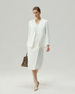 Almond White collarless blazer on model