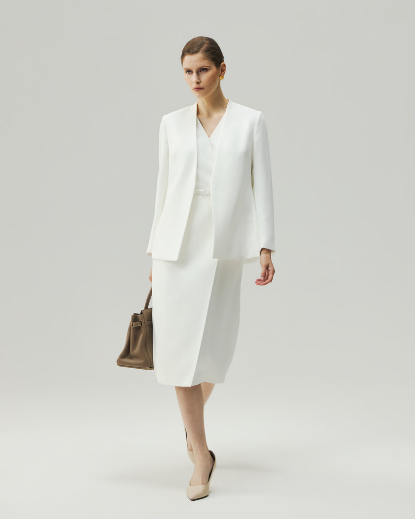 Almond White collarless blazer on model