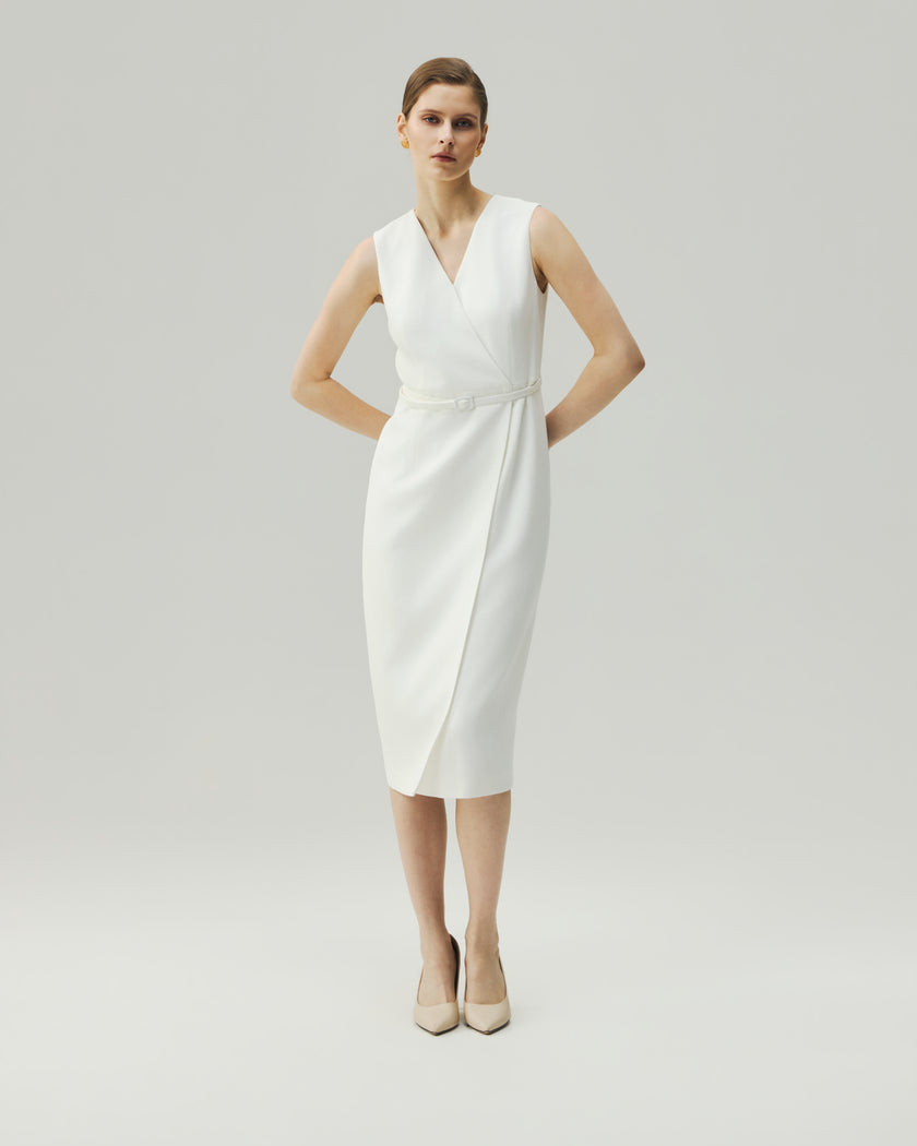 Wrap Dress in Almond White on model, full-length front view
