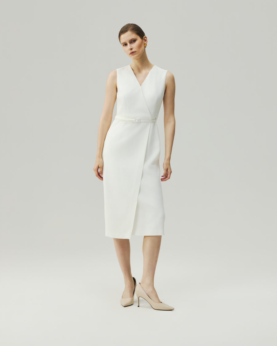Wrap Dress in Almond White, highlighting the overlapping front