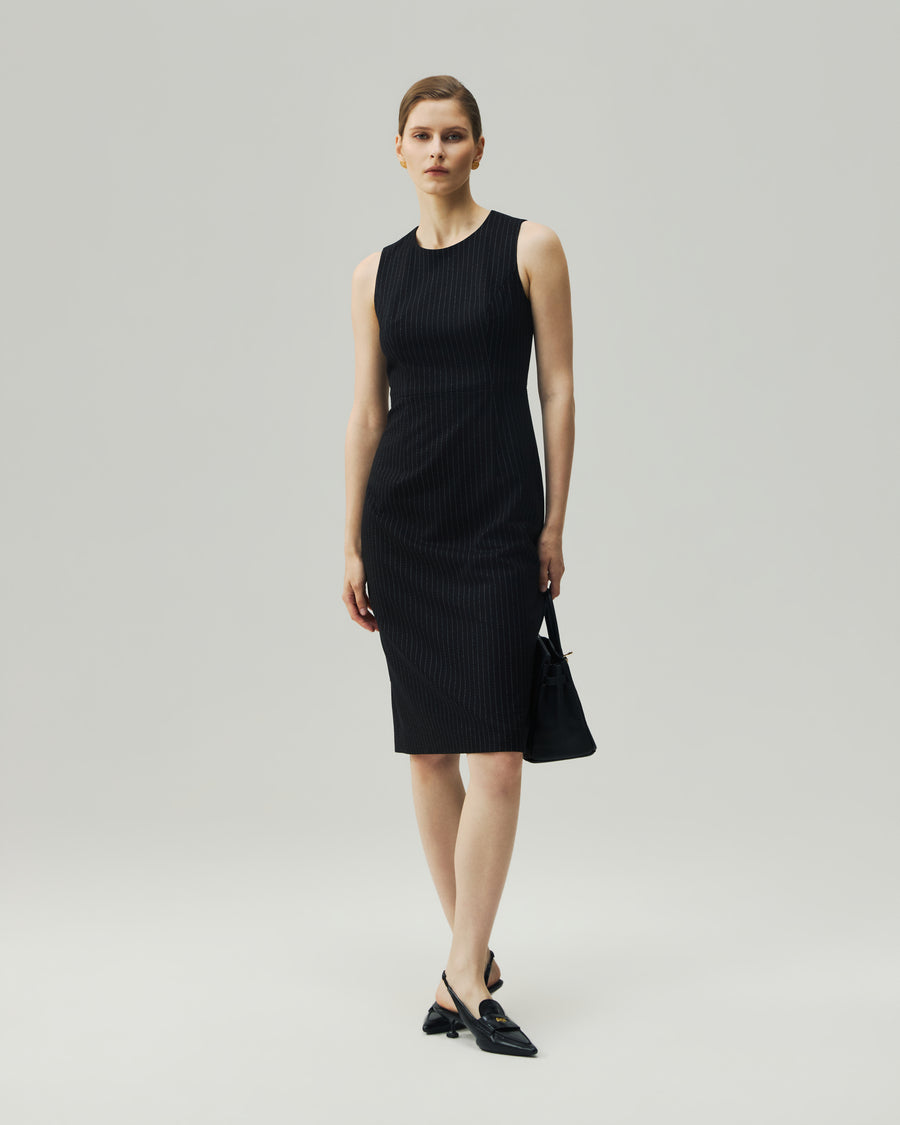 Black pinstripe sleeveless midi dress on model, full-length front view