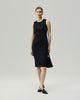 Black pinstripe sleeveless midi dress on model, full-length front view