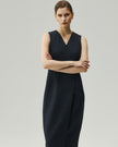 Charcoal Grey wrap dress, front detail showing the self-fabric waist belt and asymmetric slit