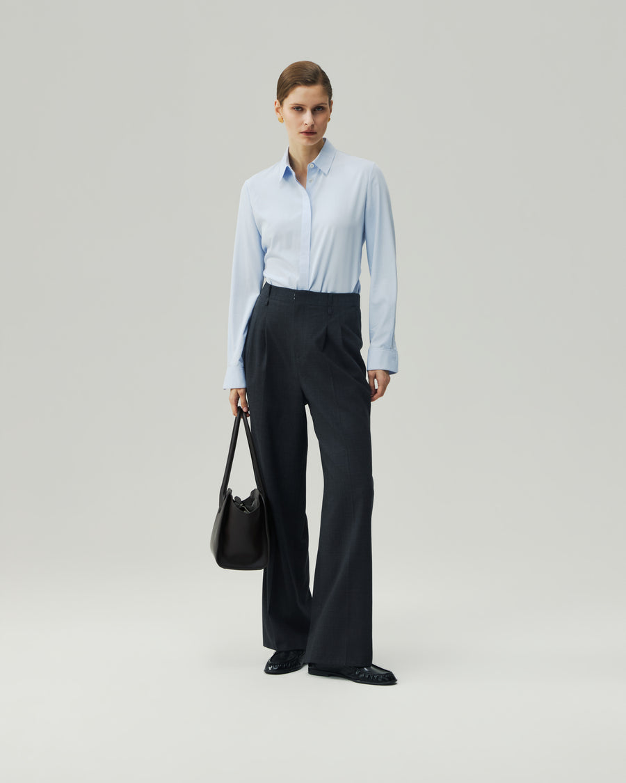 Tailored Shirt in Sky Blue on model, full-length front styling view