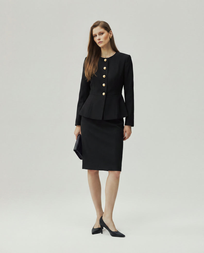 Black Berkeley Jacket on model, full-length front view with matching skirt