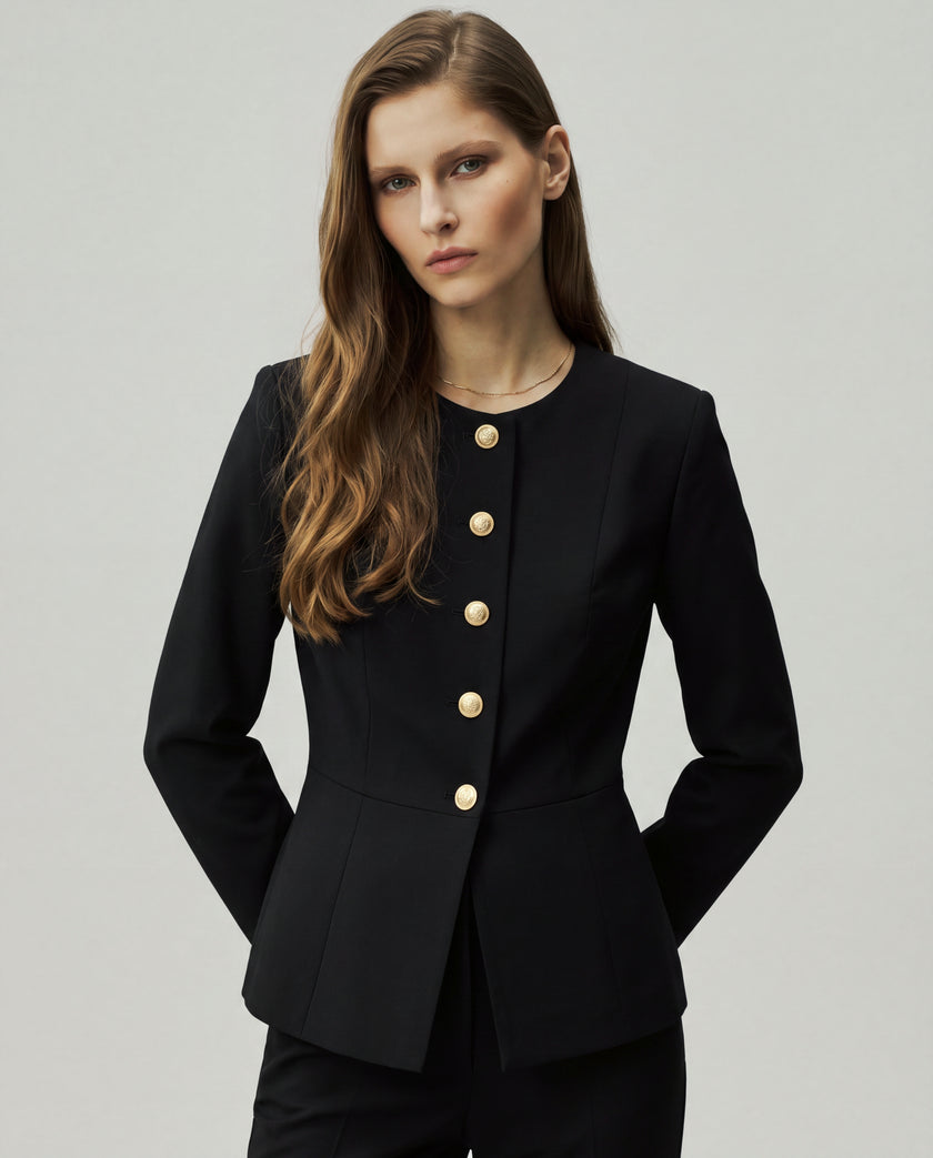 Berkeley Jacket in Black on model, close-up front styling view