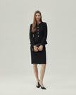 Berkeley Jacket in Black, front view showing the collarless round neckline and fitted waist