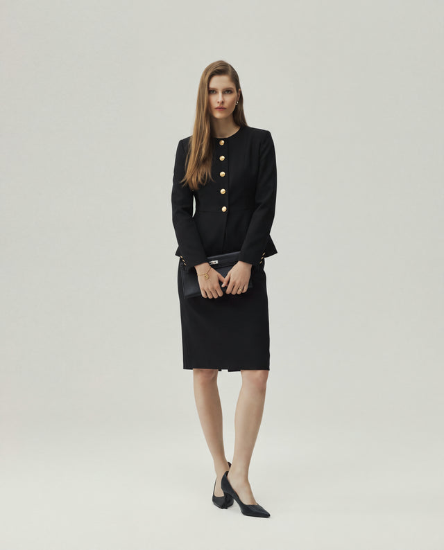 Berkeley Jacket in Black, front view showing the collarless round neckline and fitted waist