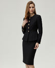 Black Berkeley Jacket on model, three-quarter view highlighting the sculpted waist and gold-tone buttons
