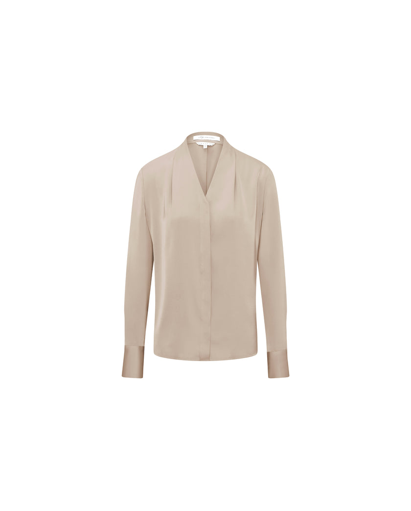 Champagne long-sleeve V-neck shirt, front product view