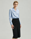 Riva Shirt in Glacier Blue on model, front styling view