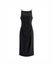 Black sleeveless midi dress with pleated waist, front product view