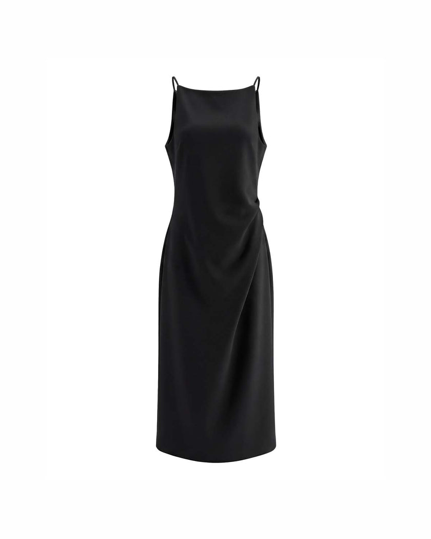 Black sleeveless midi dress with pleated waist, front product view