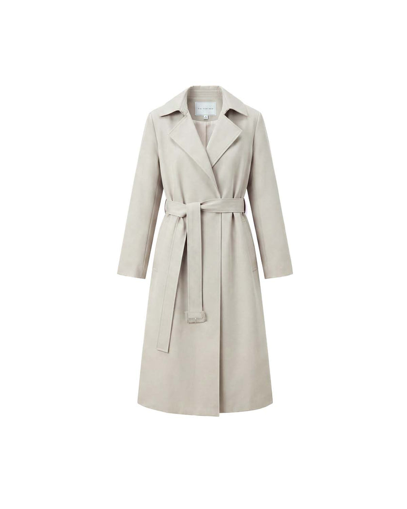 Oatmeal Beige belted trench coat, front product view
