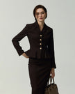 Deep Chocolate Leiden Jacket on model, front view showing the cropped silhouette and four-button closure