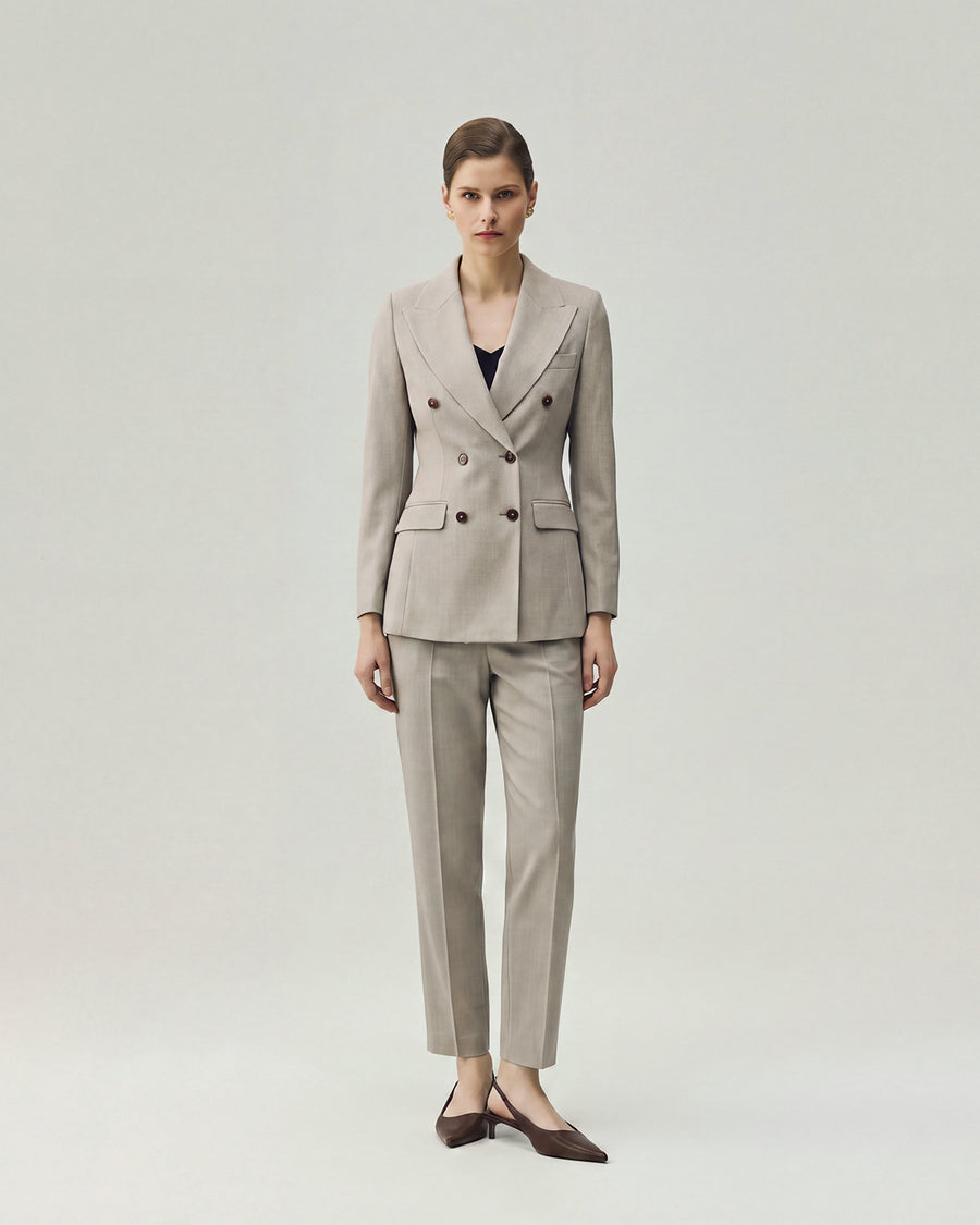 Elena Trousers in Textured Apricot on model, full-length front styling view