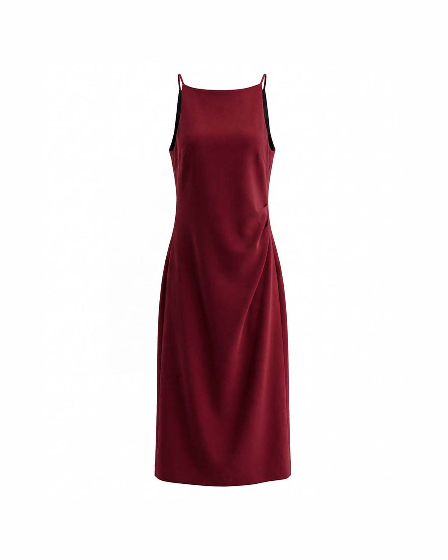 Pleated-Waist Midi Dress Burgundy