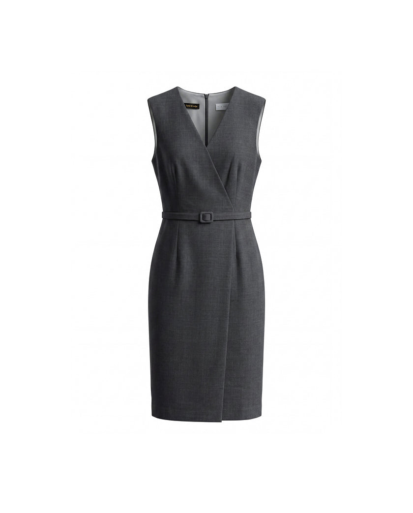 Charcoal Grey sleeveless wrap dress, front product view