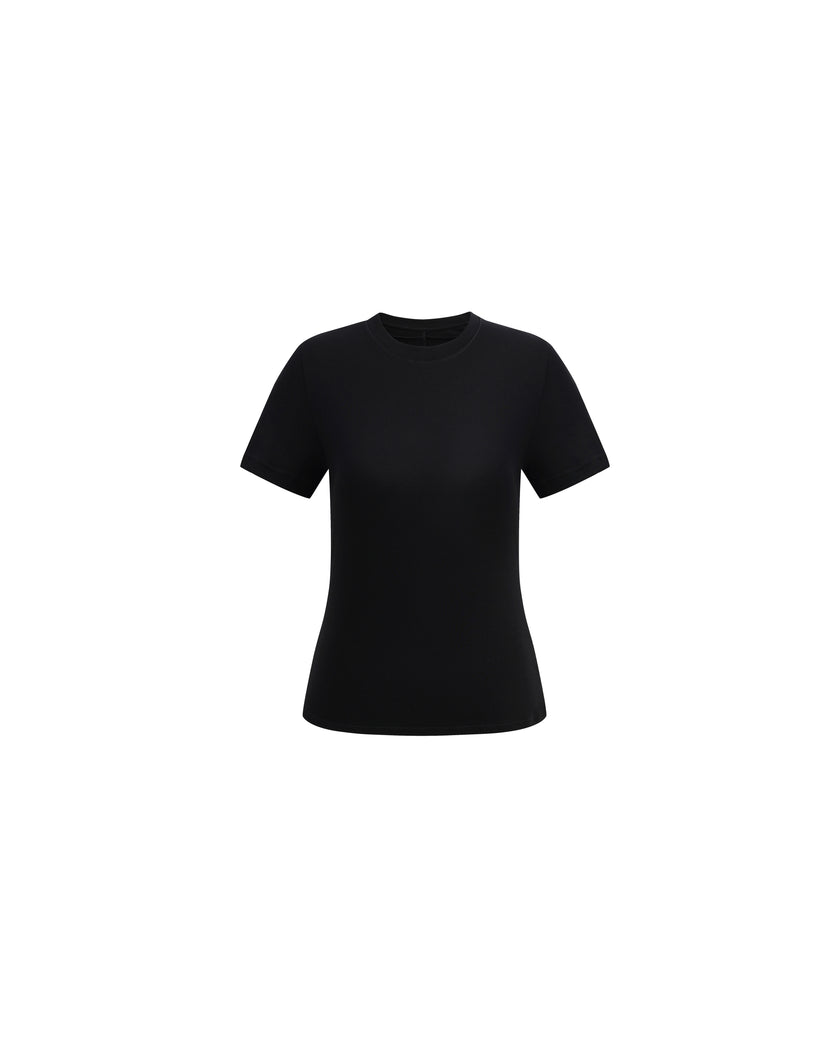 Black fitted short-sleeve T-shirt, front product view