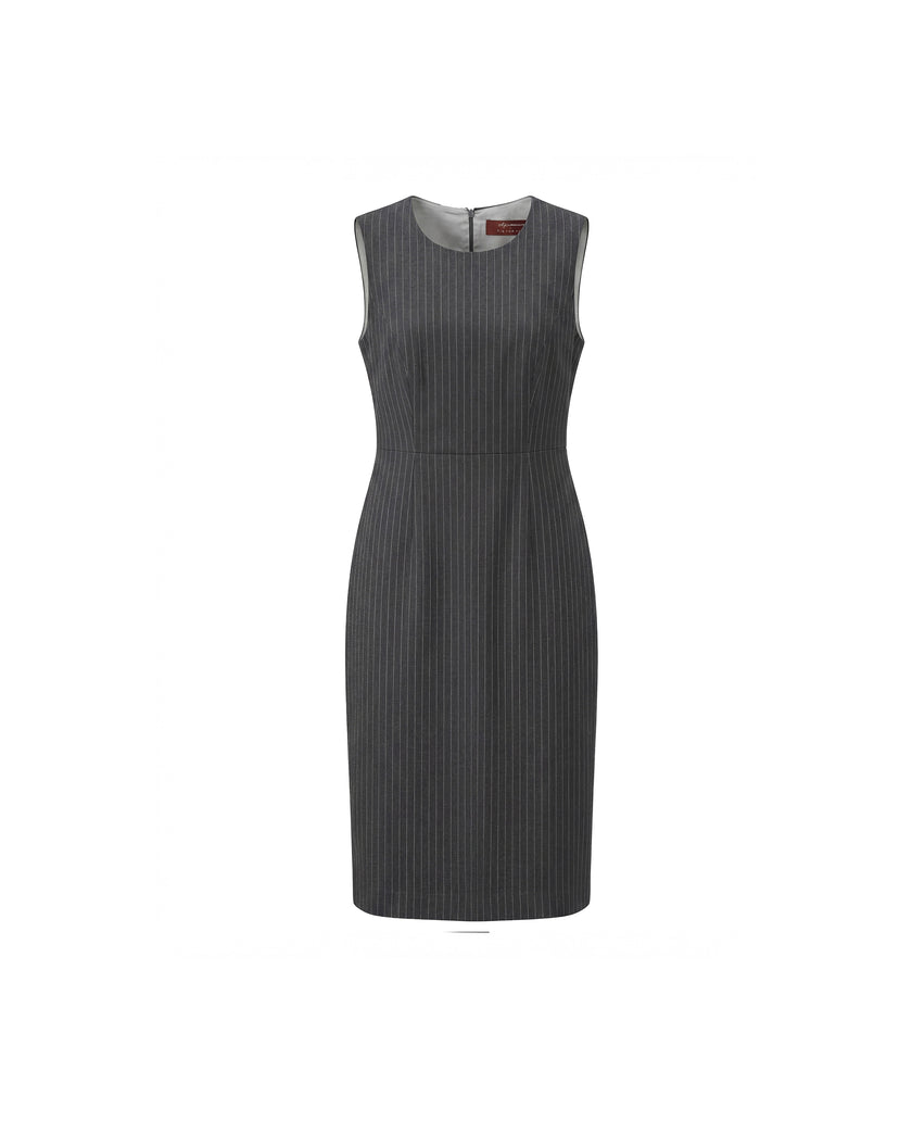 Grey pinstripe sleeveless midi dress, front product view