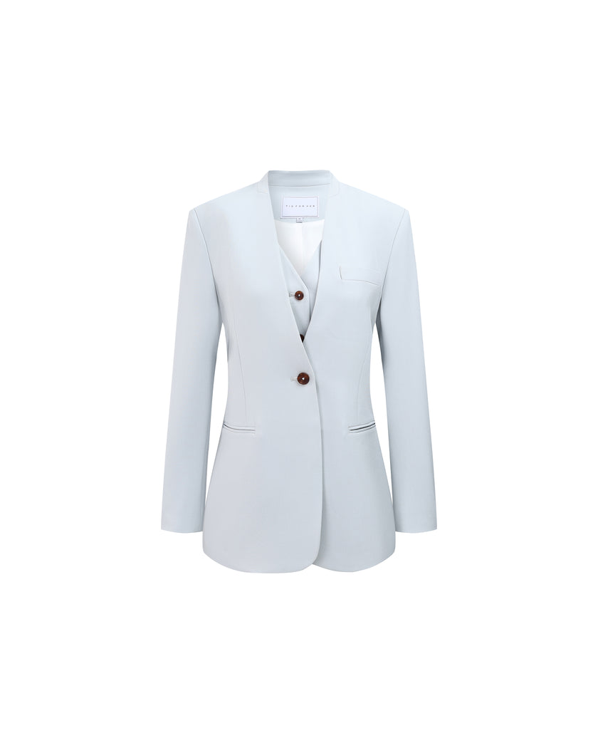 Powder Blue tailored blazer with removable V-neck inner vest, front product view