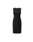 Black pinstripe sleeveless midi dress, front product view