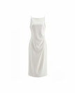 Almond White sleeveless midi dress with pleated waist detail, front product view