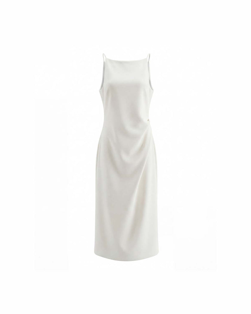 Almond White sleeveless midi dress with pleated waist detail, front product view