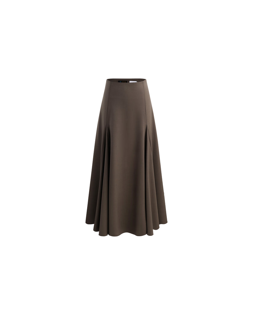 Warm Tea Brown sculpted A-line midi skirt, front product view