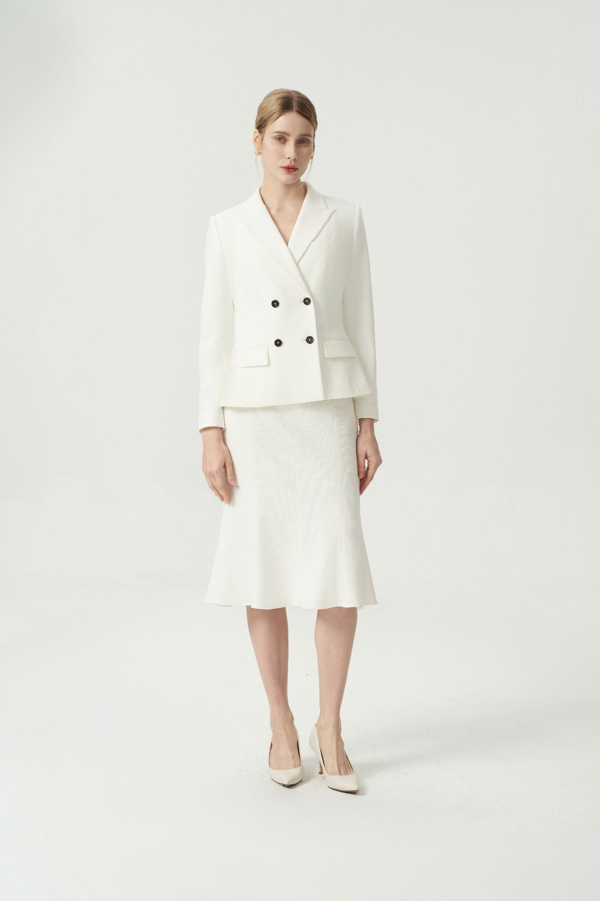 EV LéSuit™ White Double-breasted Four-button Blazer Styling