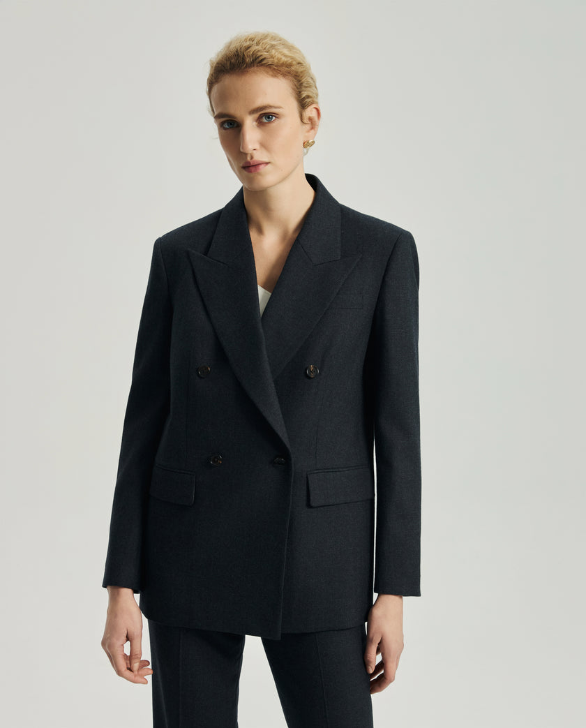 Front view of the Kai double-breasted blazer in charcoal grey