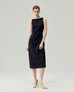 Black dress on model, full-length view