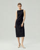 Black dress on model, full-length view
