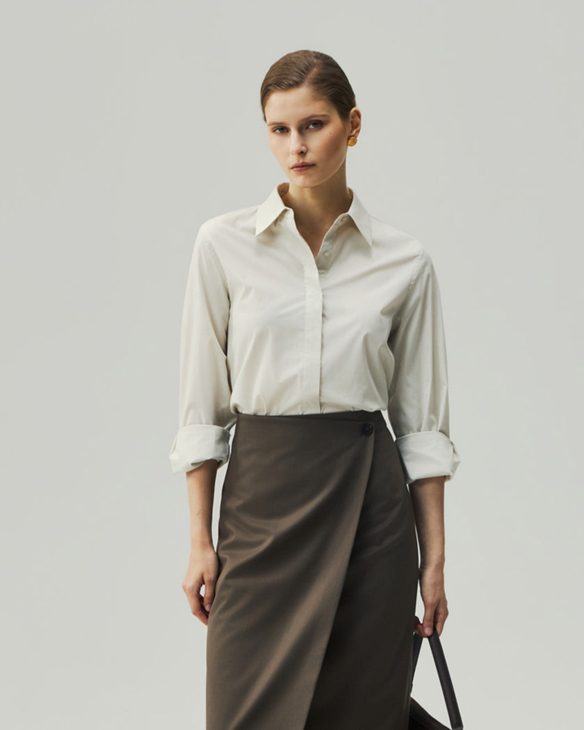 Tailored Shirt in Oatmeal on model, front styling view