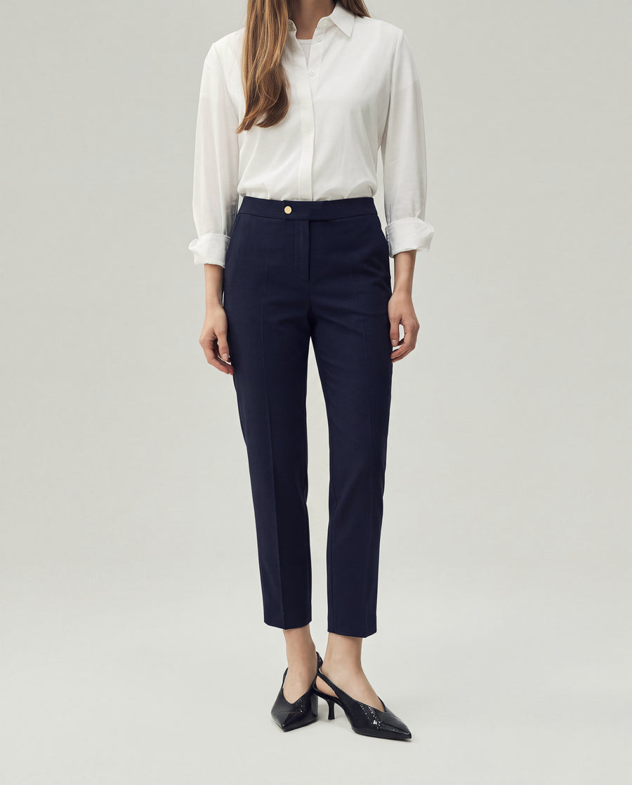 Elena Trousers in Dark Navy Check on model, lower body front styling view