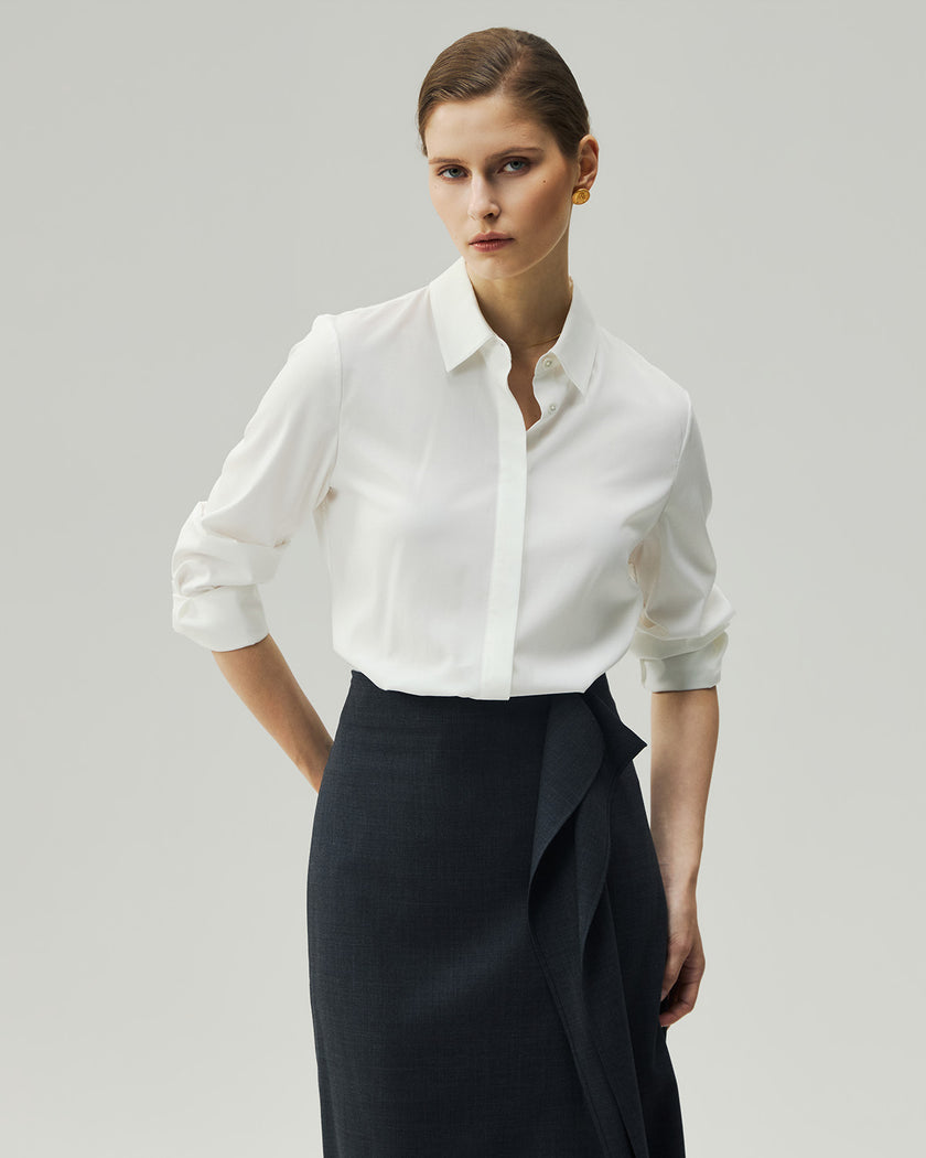 Classic White tailored shirt on model, front view showing the pointed collar and shaped waist
