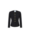 Black fitted collarless jacket with gold-tone buttons, front product view