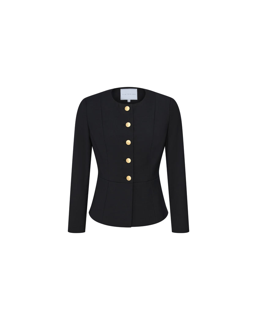 Black fitted collarless jacket with gold-tone buttons, front product view