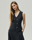 Charcoal Grey Teresa vest, close-up showing the six-button front and angled hem
