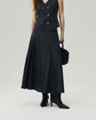 Charcoal Grey sculpted midi skirt, side view showing the high waist and full A-line shape
