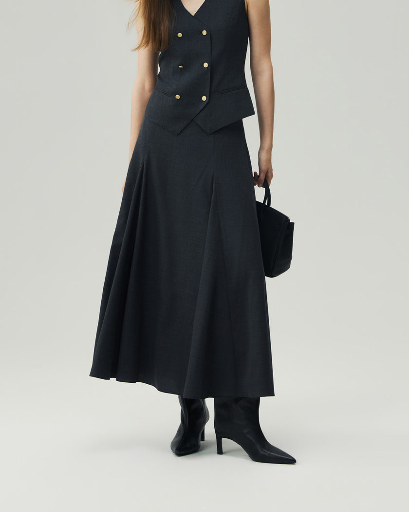 Charcoal Grey sculpted midi skirt, side view showing the high waist and full A-line shape