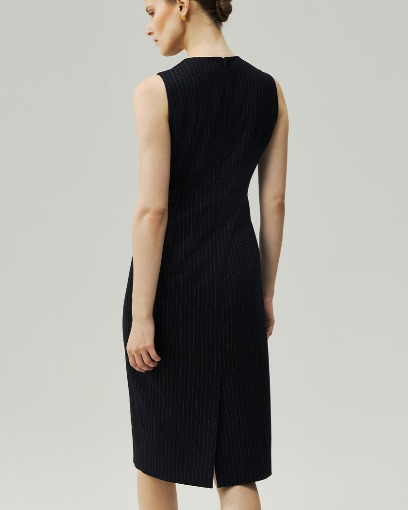 Black pinstripe sleeveless dress, side and back detail on model