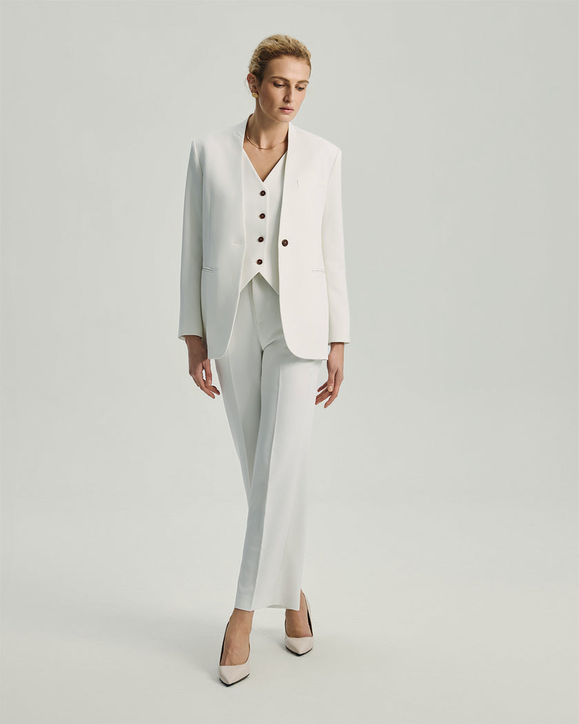 Wells Faux Two-Piece Blazer in White on model, full-length front view highlighting the layered two-piece effect