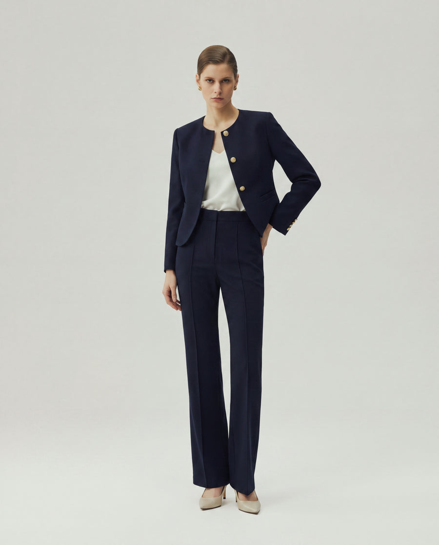 Gabri Jacket in Textured Navy on model, full-length front view highlighting the structured shoulders