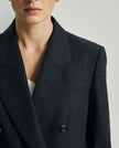 Close-up of the Kai charcoal grey blazer featuring peak lapels and double-breasted tailoring