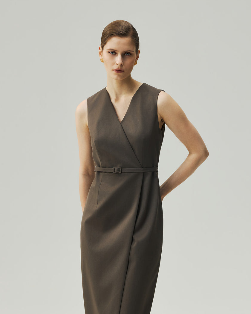 Wrap Dress in Warm Tea Brown, highlighting the overlapping front and waist belt